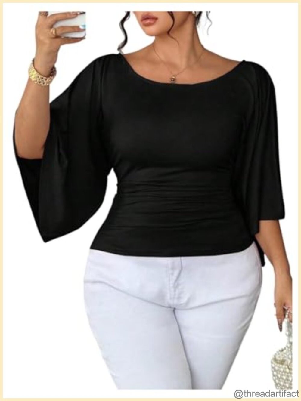 Plus Size Bat Wing Sleeve Cinched Waist Ruched Top